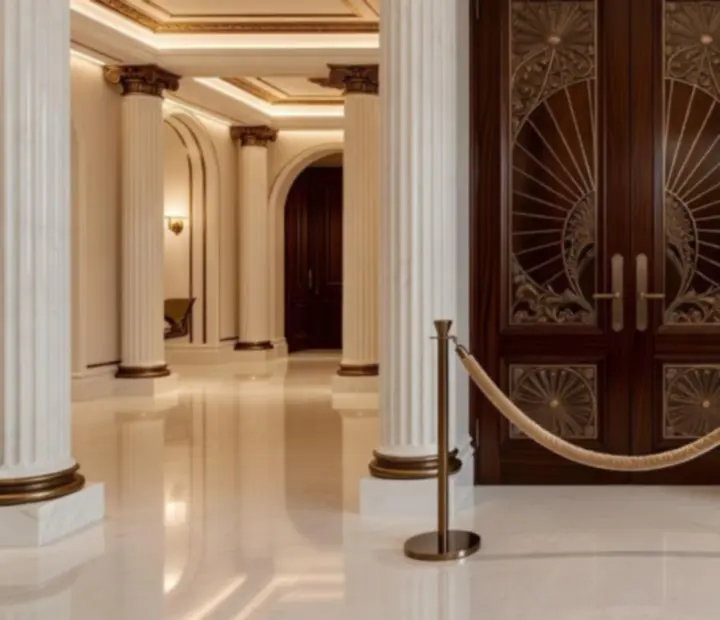 Entrée lumineuse d'un lounge casino privé en ambiance Riviera