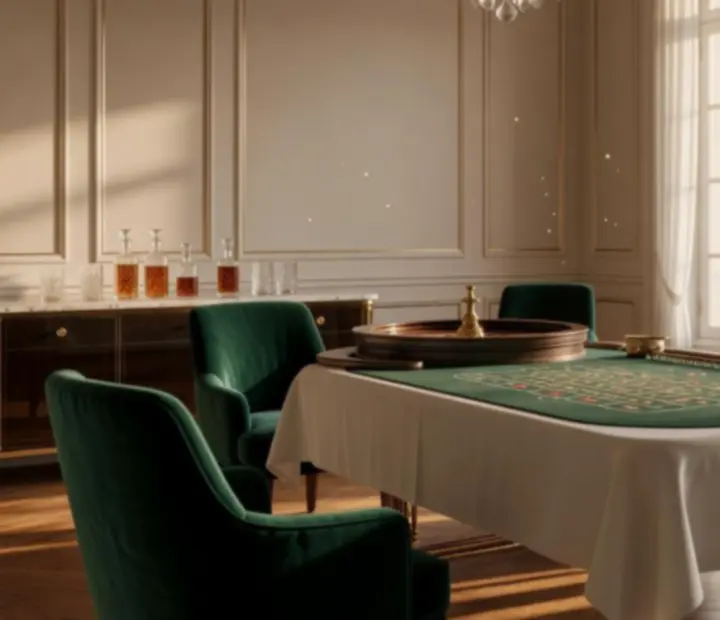 Table de casino lounge avec roulette, cartes et jetons dans un salon feutré.