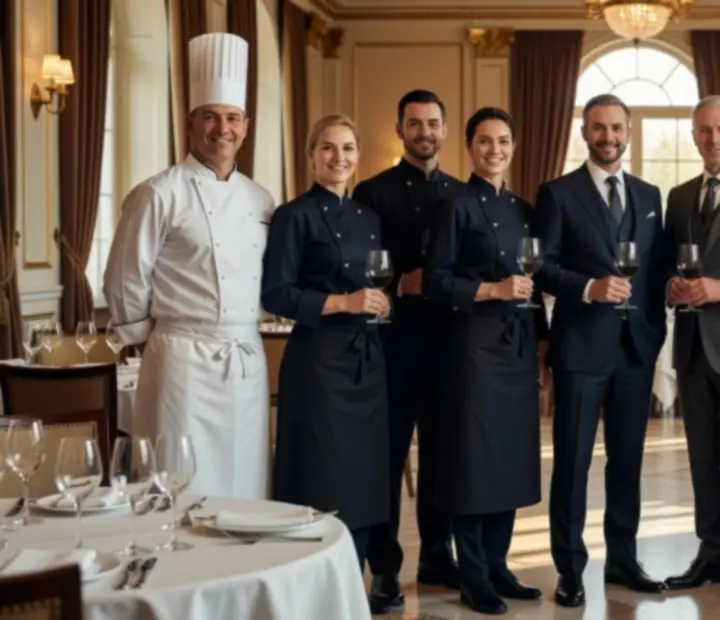 Brigade de cuisine et équipe de salle en service dans un restaurant de luxe