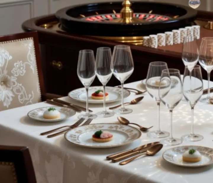Table de dégustation gastronomique à proximité d’un espace casino lounge récréatif