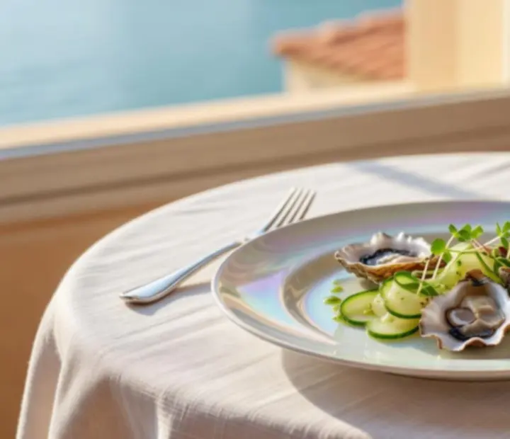 Entrée gastronomique raffinée dressée dans une assiette contemporaine