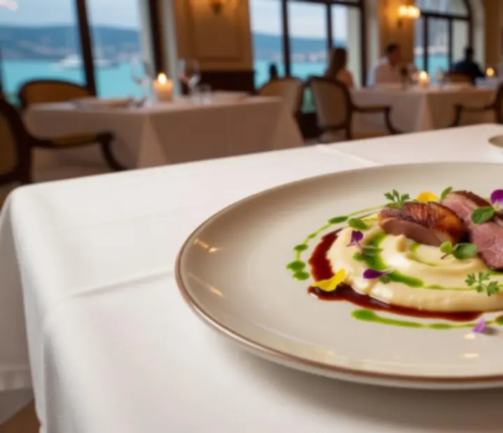 Assiette gastronomique signature dressée dans une ambiance lumineuse Riviera