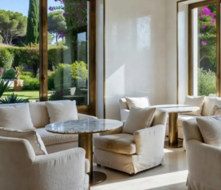 Salon Riviera baigné de lumière dorée, prêt à accueillir des convives